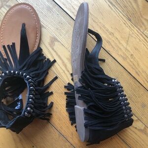 Black Fringe Suede Sandals
